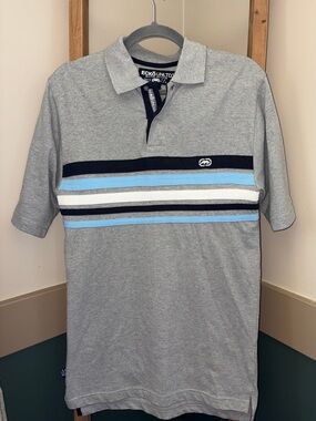 Men’s Ecko Unltd Gray/Blue Graphic Embroidered 2-Sided Logo Polo Shirt Sz Small